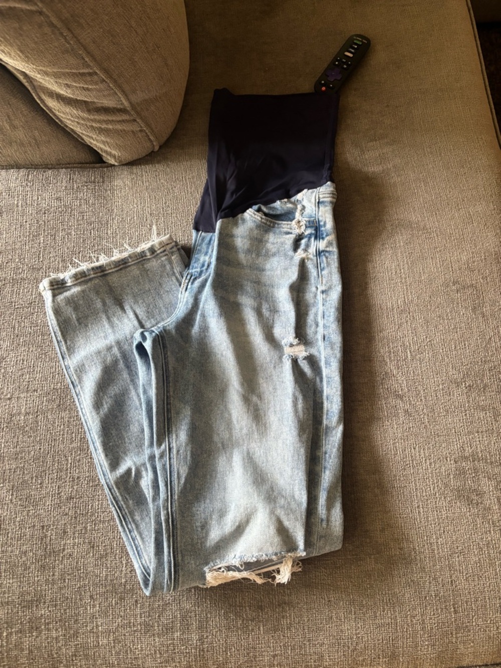 Pinkblush Light Blue Distressed Boyfriend Maternity Jeans with Black Panel